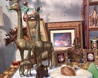 Tall brass Giraffes and baby