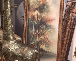 Tall Brass Giraffes, Hand-painted, signed landscape-water color