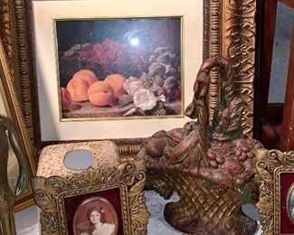 All here-Cast Iron basket door stop-beautiful pair of oil still life pictures and wonderfully framed
