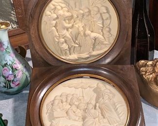 Pair of religious plates, framed