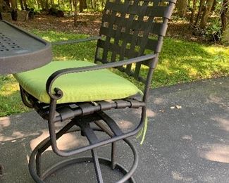Like-New. Sturdy, heavy wrought iron, Bar high table, umbrella, cushions and 4 chairs-