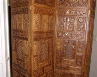 Teak hand carved wood screen room divider