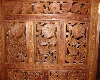 Teak hand carved wood screen room divider