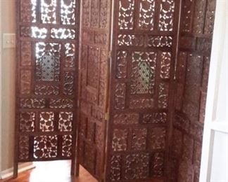 Teak hand carved wood screen room divider