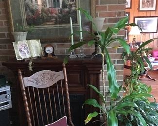 Electric fireplace, antique rocker, live plants, misc.