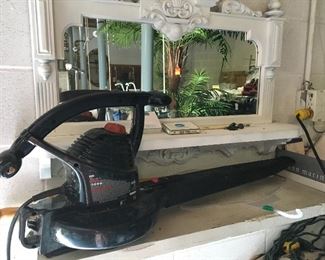 Leaf blower, tools and antique mirror