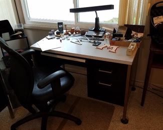 Office desk, chair, and supplies