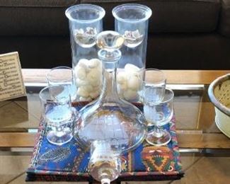 Etched Glass Decanter w Glasses Ship design
