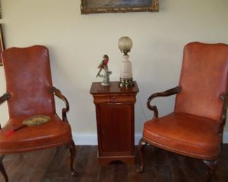 pair of leather arm chairs, Grange cabinet and misc