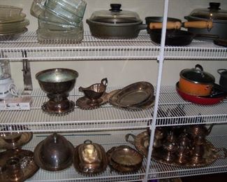 silver plate and Berndes pots and pans