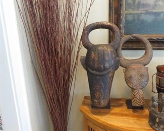 TALL FREE STANDING TIED  BRANCHES ARRANGMENT. AFRICAN RAM MASK / SCULPTURE
AFRICAN KWELE MASK / SCULPTURE


