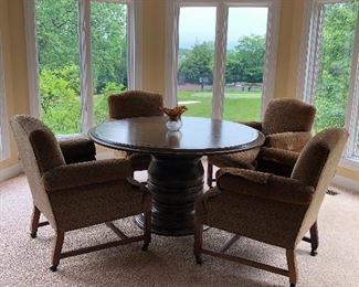 CONTEMPORARY ROUND WOODEN PEDESTAL DINING TABLE  SET OF 4 UPHOLSTERED CLUB CHAIRS ON COASTERS


