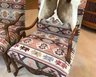 TRADITIONAL OPEN ARM CHAIR UPHOLSTERED IN NAVAJO RUG FABRIC  CURVED FEET ARE CONNECTED BY A CROSS STRECHER   
CHEYENNE CHESTNUT CLASSIC FINISH