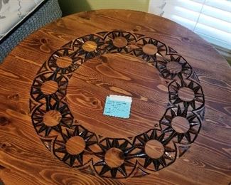 Wood Pedistal  Round Table w/burnt carved design on top on wheels 30Roundx26	 $125.00 
