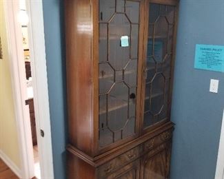 #37	2 drawer Reprobux (made in England) by Bevan Funnell Ltd. China Hutch w/Glass door top and 2 doors w/ 1 shelf   42x15x81	 $175.00 
