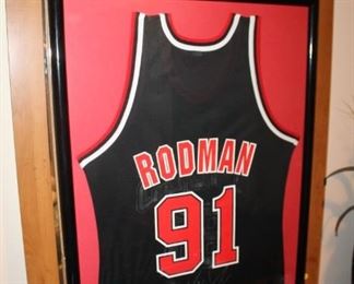 Signed framed Dennis Rodman jersey