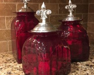 Cranberry glass canisters