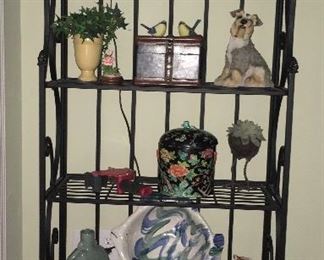 Iron bookshelf; multiple decor pieces