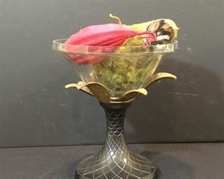 Brass pedestal and crystal dish with artificial fruit