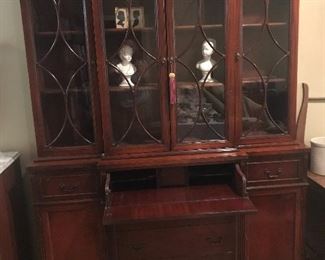 Mahogany Display China Cabinet secretary. Made by C.B. Atkin Co. Soace 1231 Chicago Il. Can be moved in two pieces