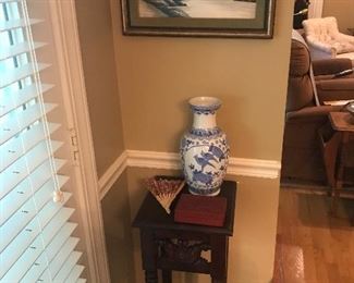 Asian silk embroidered framed, porcelain vessel, cinnabar box, Asian fan, hall table. 