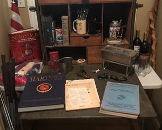 Military collectibles primarily USMC including a military field desk needing restoration.