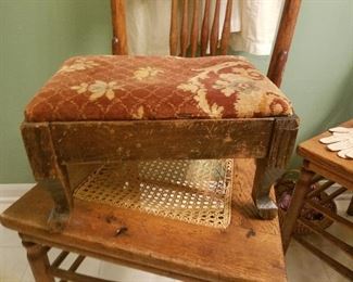 antique foot stool and pressed back chair