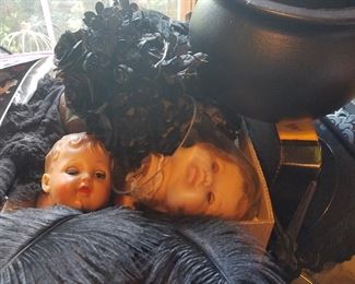 doll heads and Halloween decor