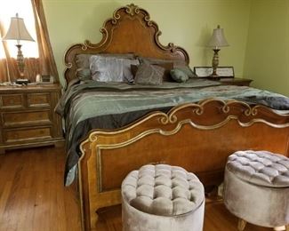 Ornate King sz Bedframe, 2 tufted Velvet storage hassocks, lamps, dressers, mirror 