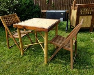 Folding Bamboo table w folding wood slat chairs