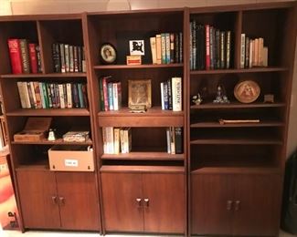 Mid-century three section walnut bookcase / wall unit