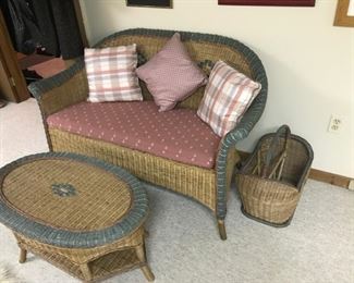 Wicker furniture w/ cushions, pieces include love seat, table, two chairs, table and couch