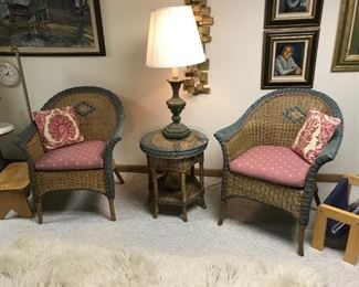 Wicker furniture w/ cushions, pieces include love seat, table, two chairs, table and couch