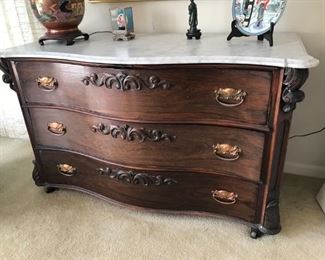 antique marble top carved three drawer dresser