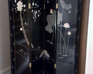 Antique Chinese black lacquer room divider 4 panel screen 