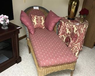 Wicker furniture w/ cushions, pieces include love seat, table, magazine rack / basket, two chairs, table and couch