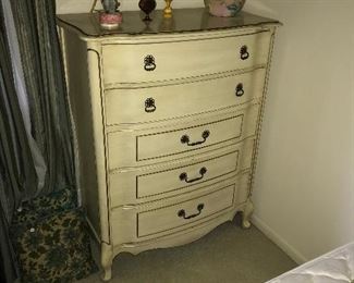 French provincial double bed set includes dresser, pr night stands, and dresser w/ mirror