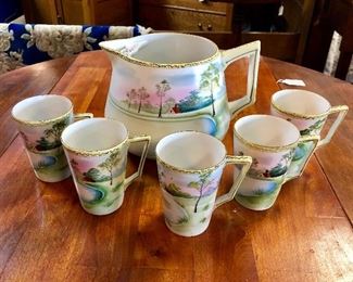 Antique NIPPON Pitcher with 5 Cups, Marked "Hand Painted NIPPON"