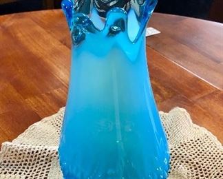c.1940's "FENTON" Blue Opalescent, 3-Footed Vase with Ruffled Top