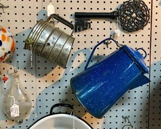 Vintage Blue Enamelware Coffee Pot 
