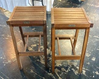Pair of "OXFORD GARDEN, Louisville, Kentucky" SHOREA WOOD Bar Stools.  (Shorea is a tropical hardwood that is used for many of the same purposes as teak; Shorea is resistant to damage from insects, fungus, and moisture decay.)