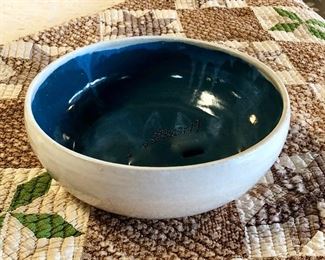 "N. MOBLEY TEXAS POTTERY & STUDIO" 12" Vintage White Bowl with a Blue interior