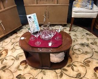 Mid-Century Modern Oval Table and a Set of Hand-Painted Martini Glasses with a beautiful Crystal Martini Pitcher with Glass Stirrer 