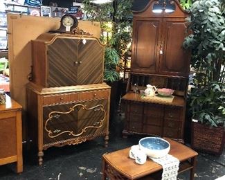 Solid Wooden Ornately Carved Armoire and Vintage Mahogany Secretary