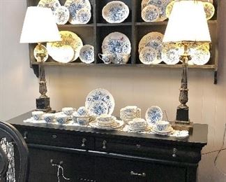 Solid Mahogany, Hand-Painted Black Buffet and a set of "JOHNSON BROS. Dover Blue" 74-Pieces 