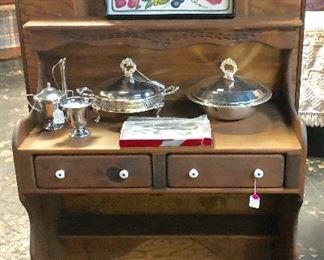 Vintage Dry Sink and Covered Silverplated Serving Pieces 