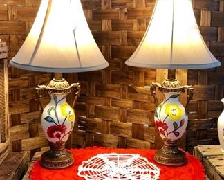 Pair of ADORABLE Hand Painted Lamps with "Handles"