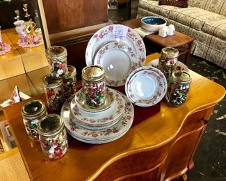 c.1950's, "VALMONT CHINA, Rose Pattern" 14 Pieces AND 8 Jars of Vintage Jewelry Pieces, Buttons, Small Items, etc. 