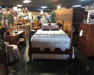 Antique Mahogany 4-Piece Full Size Bedroom Set and notice the Handmade Crocheted Bed Cover, which has no stains/tears/rips, etc. It's absolutely BEAUTIFUL! 