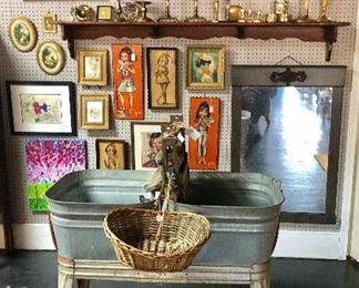 Antique Double Washtub with Ringer and a Collection of "BIG EYES" 1960-70's Art 